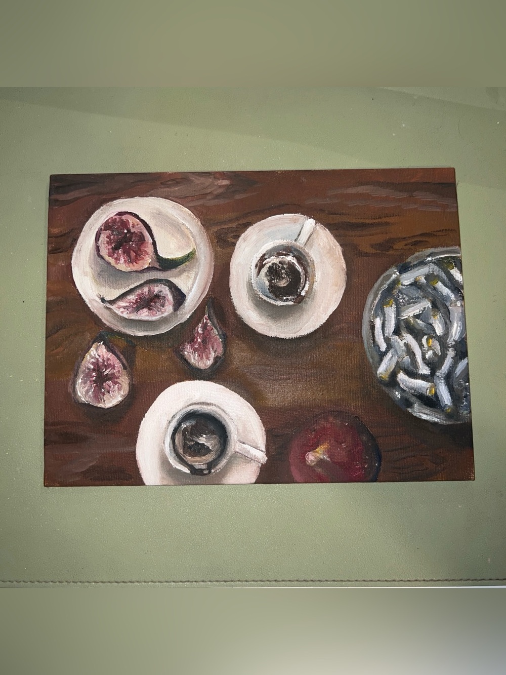 Still Life Painting Coffee Cups & Figs on Table, Canvas Wall Art, Unframed